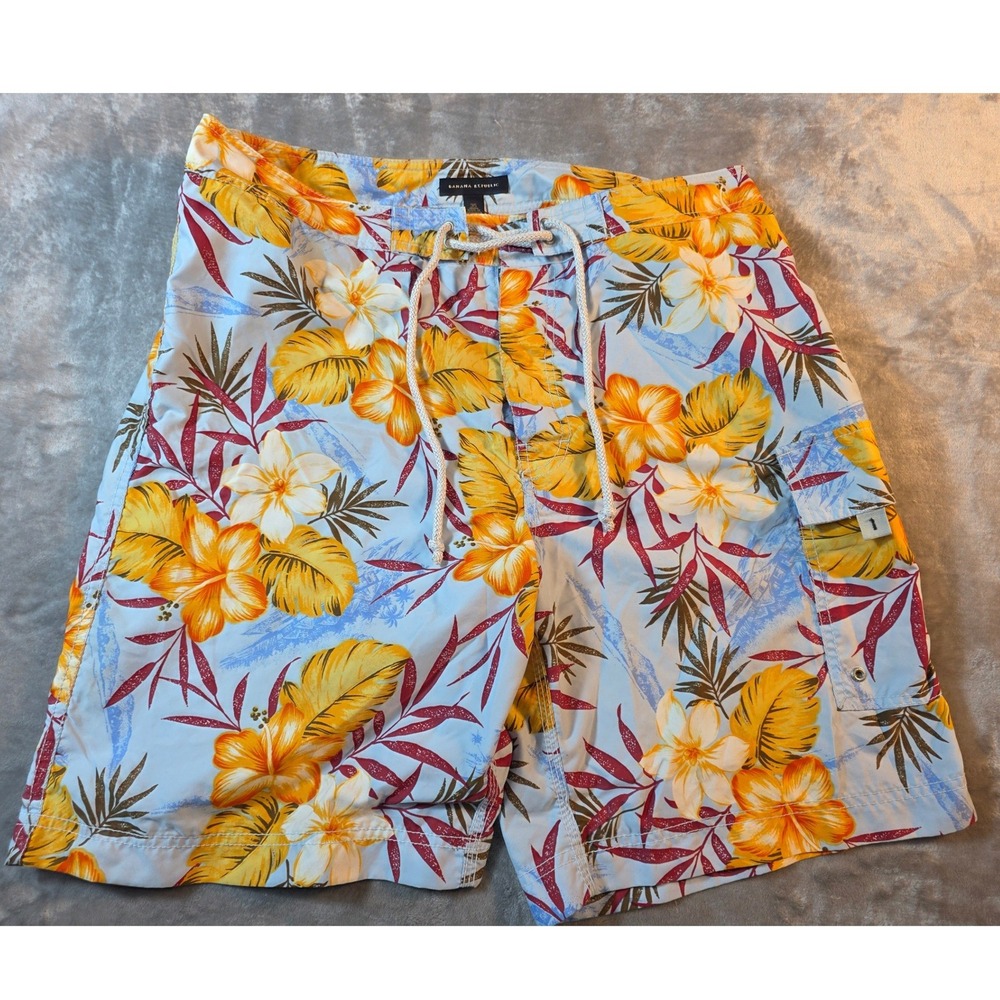 Banana Republic Board Shorts Mens 35 Blue Tropical Floral Hibiscus Swim Trunks